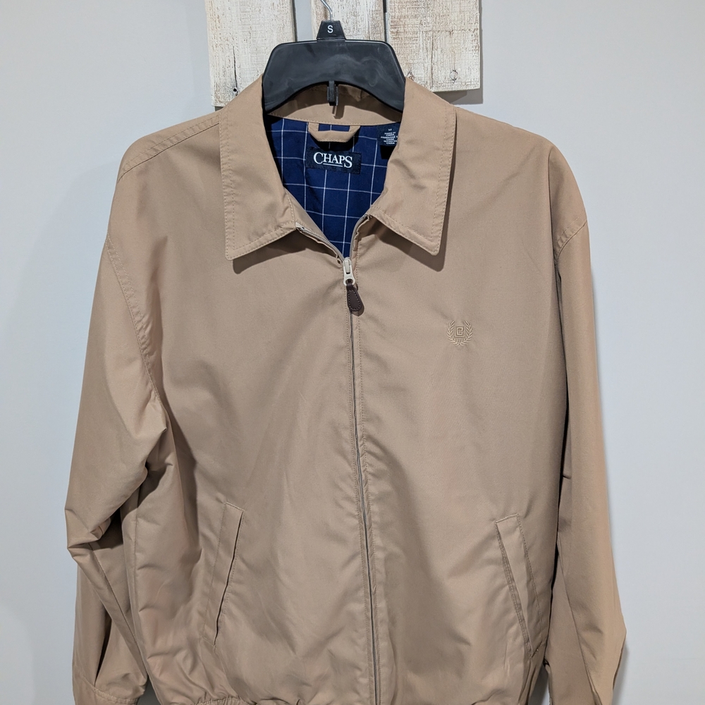Chaps Men's Beige Bomber Jacket with Blue Check Lining